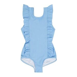 Minnow Blue Ruffle One Piece Swimsuit bathing suit 5-6 great cond smoke pet free